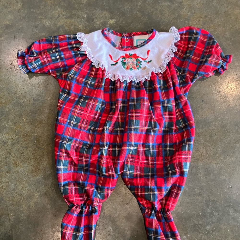 Vintage Baby Girls Red Plaid Cat Christmas Onesie